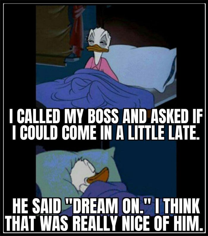 Funny "Good Morning" meme featuring a cartoon character in bed, humorously depicting a late work call with a boss.