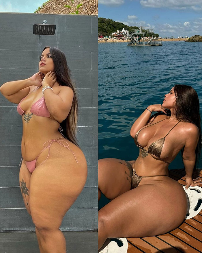Body transformation: Gracie Bon before and after, wearing bikinis.