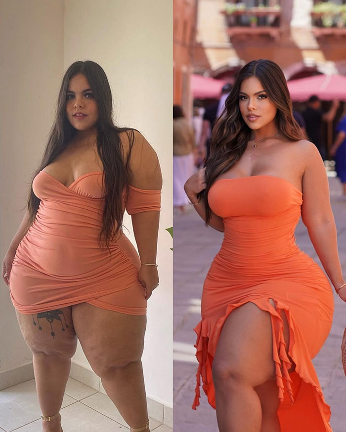 Transformation of Gracie Bon in an orange dress, before and after photos showcasing body transformation journey.