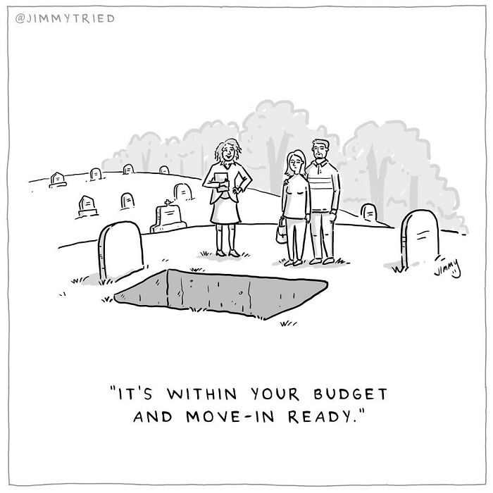 One-panel comic by Jimmy Craig showing a couple at a graveyard with humor and dark themes.