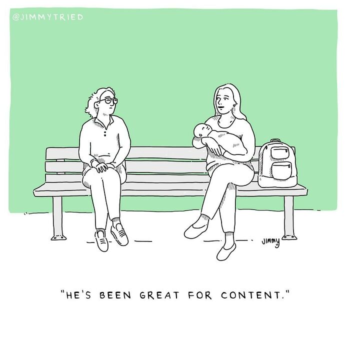 One-panel comic by Jimmy Craig showing two women on a bench with a baby, mixing humor and darkness in the scene.