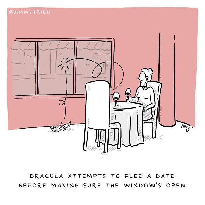 One-panel comic by Jimmy Craig showing Dracula trying to flee a date with humor and darkness in the scene.