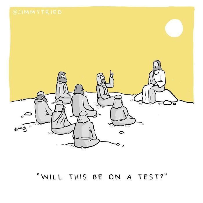 One-panel comic by Jimmy Craig showing a group asking a question while mixing humor and darkness in the scene.