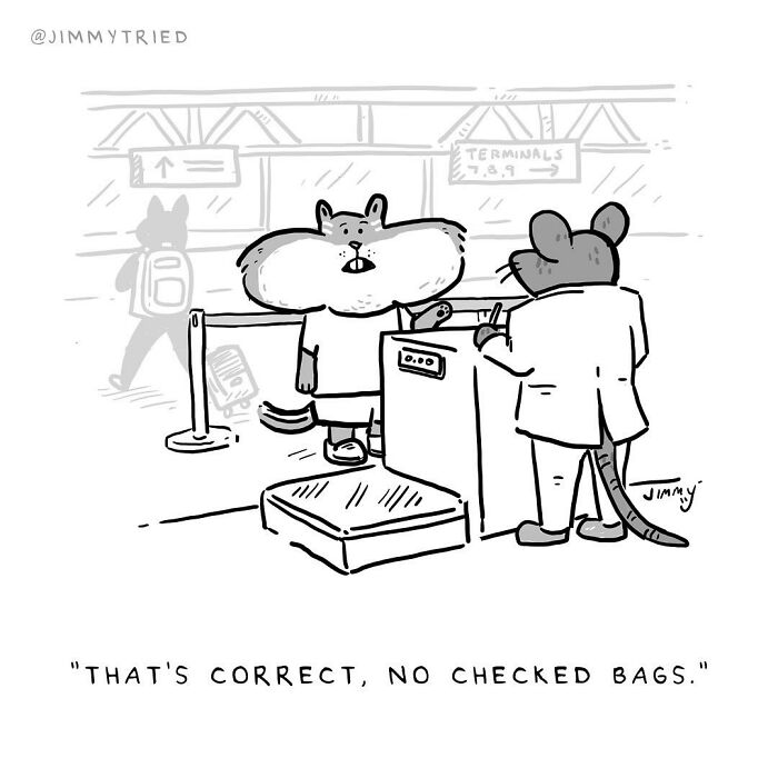 One-panel comic by Jimmy Craig showing a squirrel at airport security humorously denying checked bags.