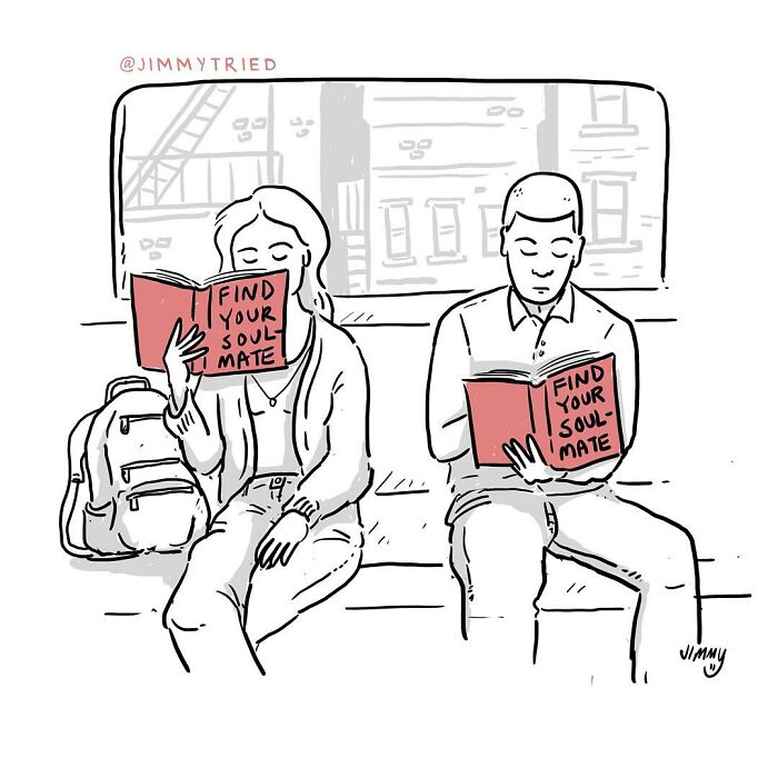 One-panel comic by Jimmy Craig showing two people reading "Find Your Soulmate" books, mixing humor and darkness.