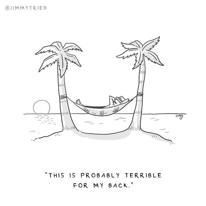 One-panel comic by Jimmy Craig showing a person in a hammock between palm trees with a humorous dark twist.