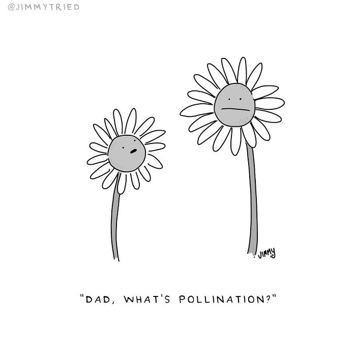 One-panel comic by Jimmy Craig showing two flowers with faces discussing pollination in a dark humor style.