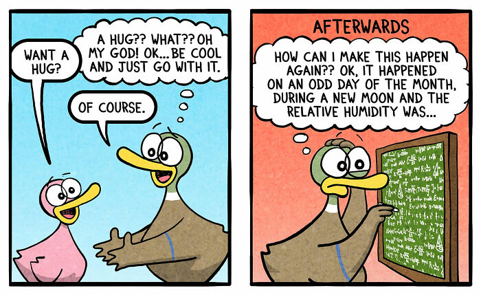 Cartoon by Brian Gordon featuring ducks humorously navigating family life and awkward hugs.