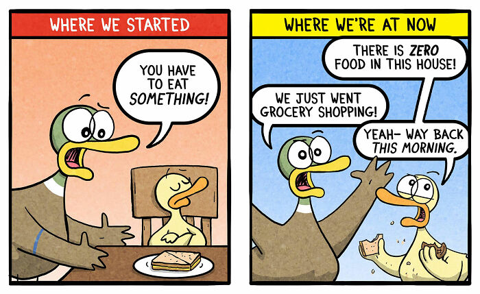 Cartoon by Brian Gordon showing humorous family life with ducks discussing eating and grocery shopping situations.