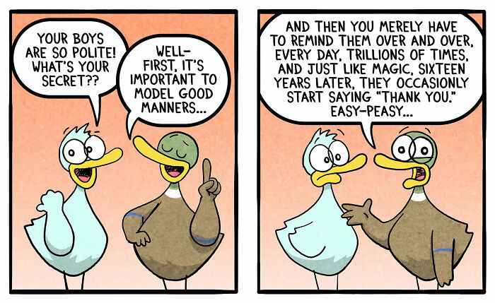Cartoon by Brian Gordon showing two ducks humorously discussing teaching polite manners in family life.