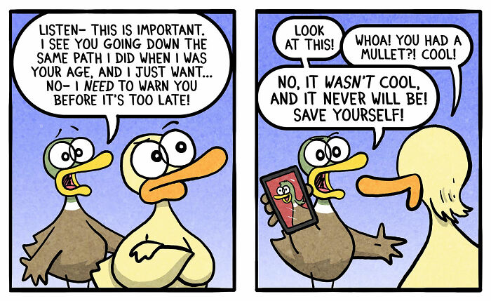 Cartoon ducks in a humorous family life scene, with one warning the other about having a mullet hairstyle.