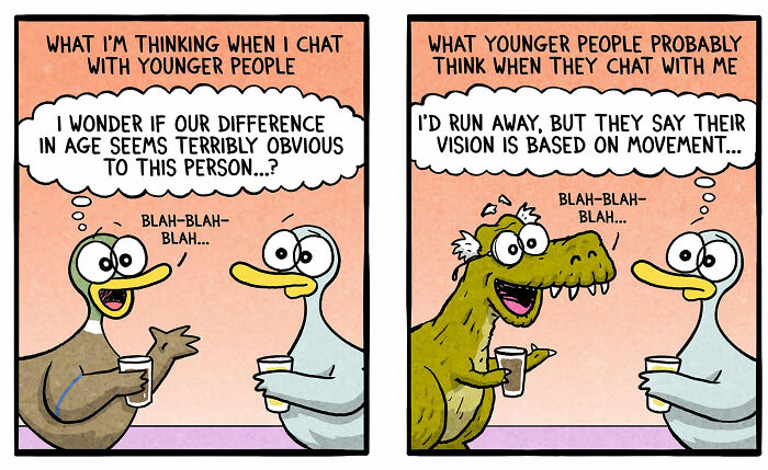 Cartoon by Brian Gordon showing humorous family life with ducks discussing age differences and communication gaps.