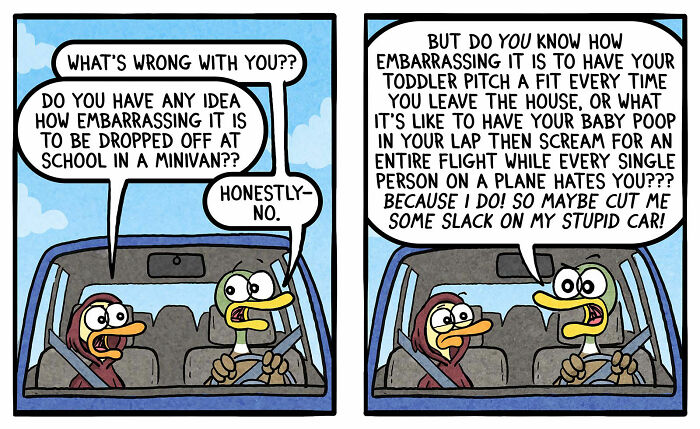 Cartoon by Brian Gordon showing two birds in a car humorously discussing the challenges of family life and parenting.
