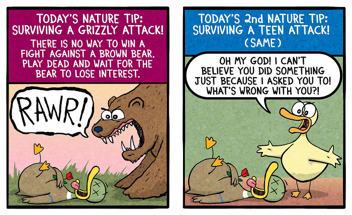 Cartoon by Brian Gordon humorously comparing surviving a grizzly attack to handling a teen attack in family life.