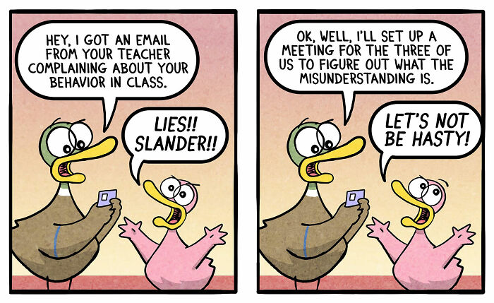 Two cartoon ducks humorously discuss a teacher's complaint about class behavior, highlighting family life humor.