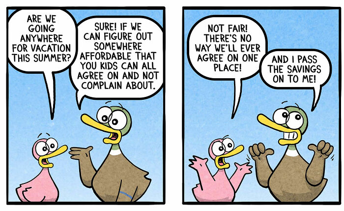 Cartoon ducks humorously discussing family vacation plans in a comic by Brian Gordon about family life.