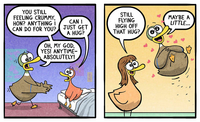 Cartoon ducks sharing a humorous family moment with hugs, highlighting the funny side of family life.