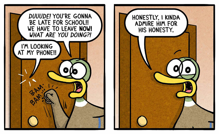Cartoon by Brian Gordon showing a humorous family moment with a duck character and playful dialogue about honesty.