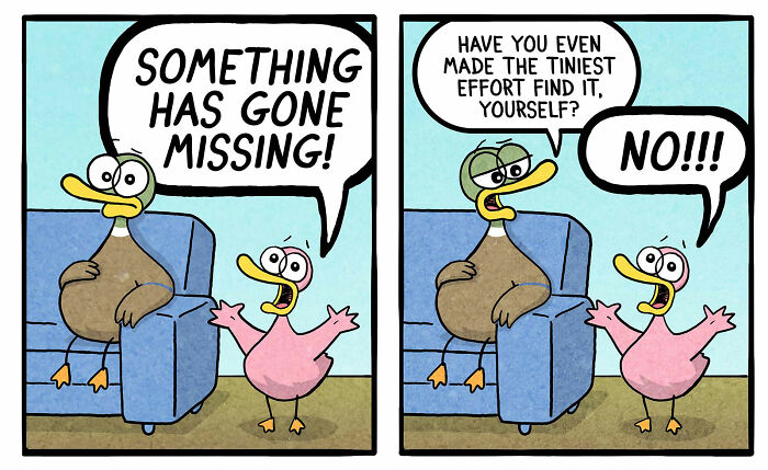 Cartoon ducks in a humorous family life scene, with one duck complaining something has gone missing.