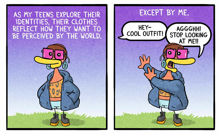 Cartoon by Brian Gordon showing a humorous take on family life and teens exploring their identities through clothing.