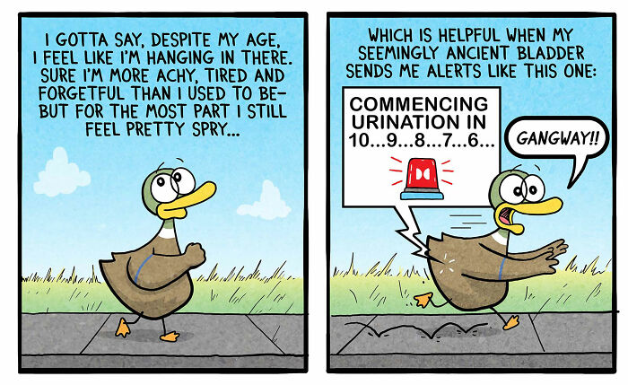 Cartoon duck humorously depicting family life and aging with a comic bladder alert from Brian Gordon's cartoons.