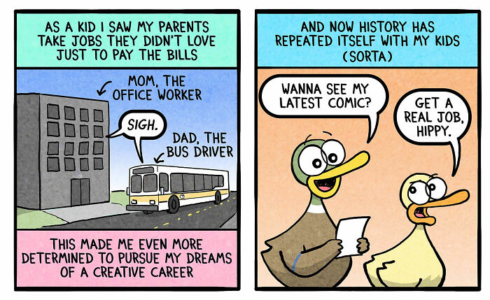 Cartoon by Brian Gordon humorously depicting family life with parents’ jobs and kids’ creative dreams.