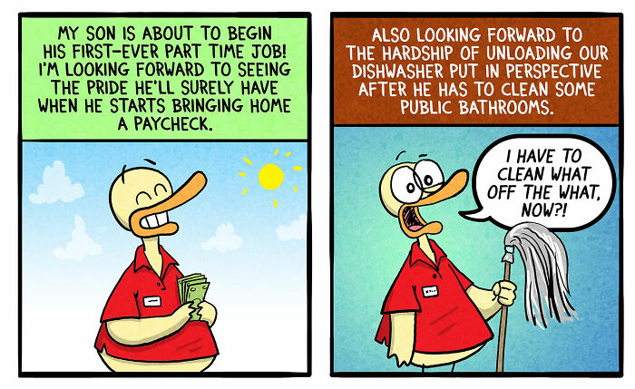 Cartoon by Brian Gordon humorously depicting family life with a dad reflecting on his son's first job and chores.