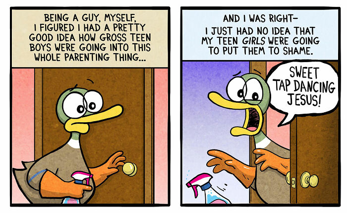 Cartoon by Brian Gordon showing a humorous family moment with a dad surprised by his teen daughters in parenting life.