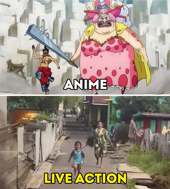 A one piece meme in two panels. The top panel shows an anime scene with Big Mom chasing a character in a pink polka-dot dress, labeled "Anime." The bottom panel features a real-life scene of a woman chasing a child down a street, labeled "Live Action."
