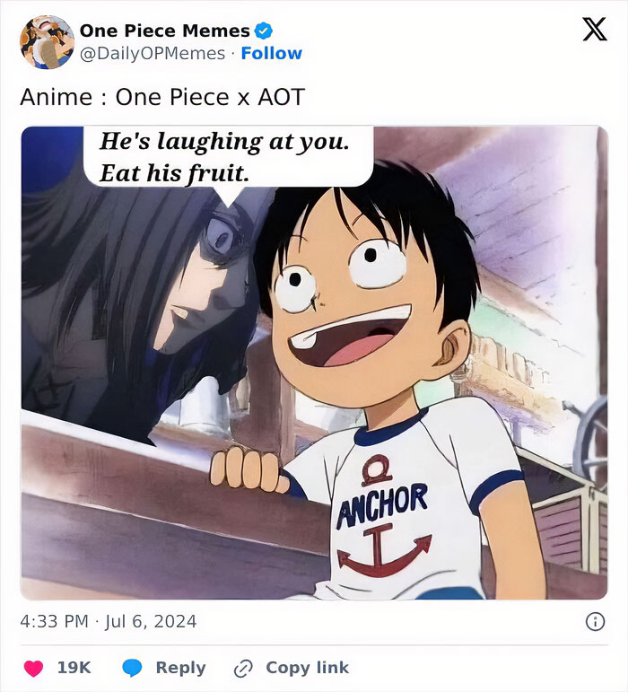 A one piece meme featuring a tweet by "One Piece Memes" with a crossover theme between One Piece and Attack on Titan (AOT). The image shows a young Luffy smiling and wearing a shirt that says "ANCHOR," while a character from AOT whispers to him, "He's laughing at you. Eat his fruit." The caption above the image reads, "Anime: One Piece x AOT."