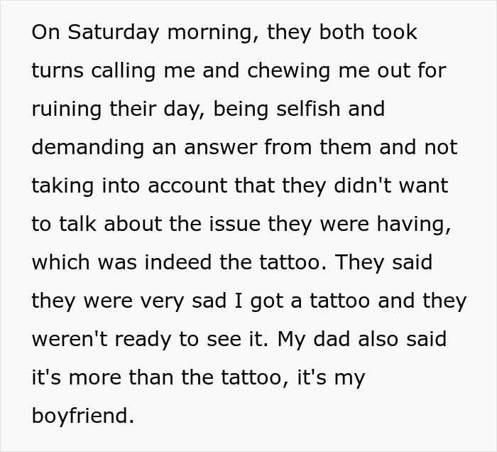 Text block about a woman being criticized by her parents over getting a tattoo, related to setting boundaries. Text block about a woman being criticized by her parents over getting a tattoo, related to setting boundaries.