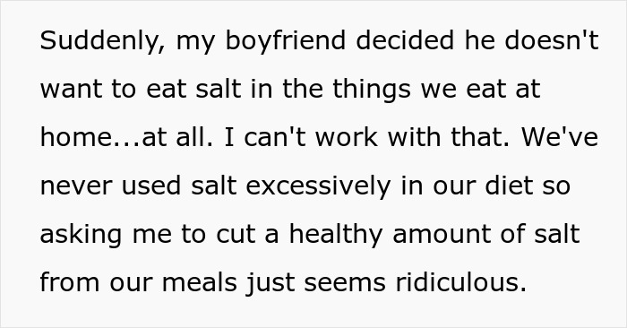 Woman Refuses To Cut Salt From Meals Completely Because Of BF&rsquo;s Blood Pressure, He Turns &ldquo;Salty&rdquo;