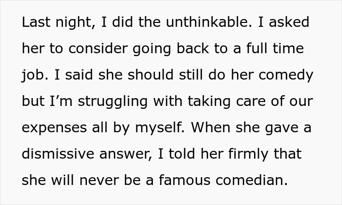 Aspiring Comedian Gets Harsh Truth From BF Who Bears All Expenses After She Quit Her 9-5 Job