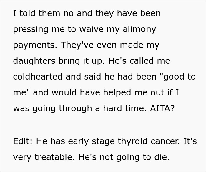 Ex-Hubby Asks Woman To Waive Alimony So He Can Pay For Cancer Treatment, She Emphasizes His Spending Ex-Hubby Asks Woman To Waive Alimony So He Can Pay For Cancer Treatment, She Emphasizes His Spending