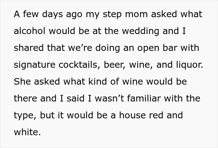 Stepmom Wants To Bring A Cooler Full Of Expensive Wine To Daughter’s Wedding, Bride Feels Insulted Stepmom Wants To Bring A Cooler Full Of Expensive Wine To Daughter’s Wedding, Bride Feels Insulted