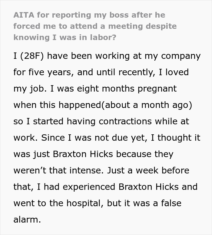 Woman Reports Boss To HR After He Forces Her To Go To Meeting During Labor, Coworkers Hate Her
