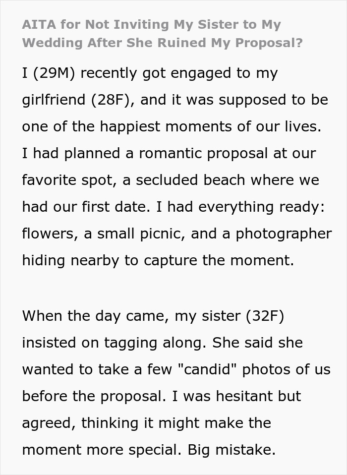 Man Decides To Uninvite Sis From Wedding After She Ruined Proposal With ‘Little Joke’, Drama Ensues Man Decides To Uninvite Sis From Wedding After She Ruined Proposal With ‘Little Joke’, Drama Ensues