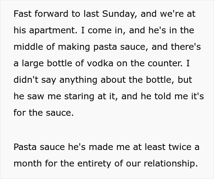 “He’s Been Lacing My Food For Years”: Former Alcoholic GF Explodes As BF Used Vodka For Making Sauce “He’s Been Lacing My Food For Years”: Former Alcoholic GF Explodes As BF Used Vodka For Making Sauce