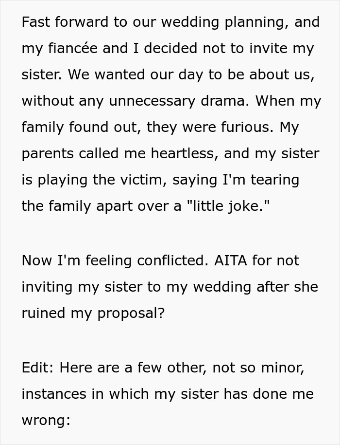 Man Decides To Uninvite Sis From Wedding After She Ruined Proposal With ‘Little Joke’, Drama Ensues Man Decides To Uninvite Sis From Wedding After She Ruined Proposal With ‘Little Joke’, Drama Ensues