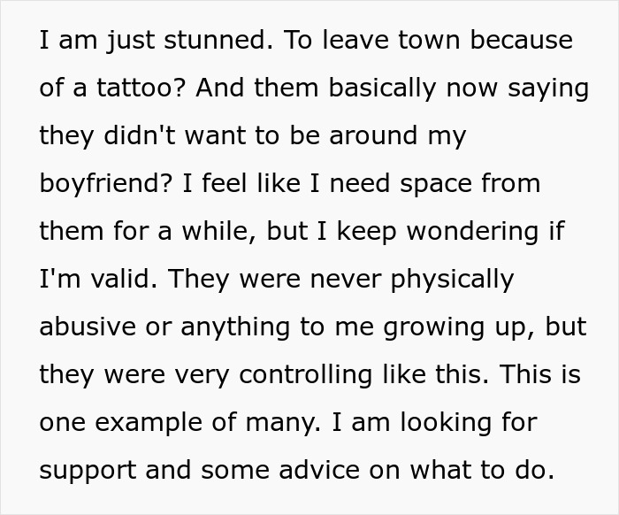 Text expressing shock over parents' reaction to a tattoo and considering boundaries. Seeking advice and support. Text expressing shock over parents' reaction to a tattoo and considering boundaries. Seeking advice and support.