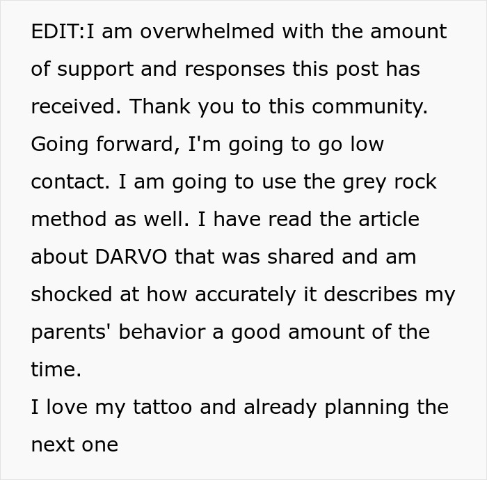Text discussing support for coping with parental reactions and setting boundaries regarding a tattoo decision. Text discussing support for coping with parental reactions and setting boundaries regarding a tattoo decision.