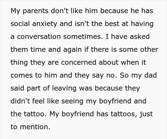 Text discussing parents' negative reaction to a boyfriend and tattoos, highlighting boundary issues. Text discussing parents' negative reaction to a boyfriend and tattoos, highlighting boundary issues.