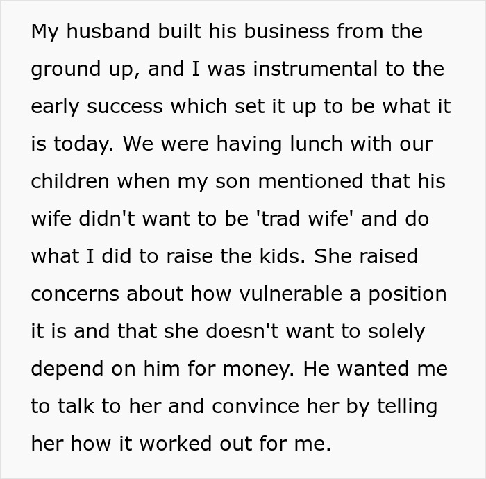 Man Asks Mom To Convince His Wife To Be A &ldquo;Trad Wife&rdquo;, She Reveals She Always Had An &ldquo;Escape Plan&rdquo;