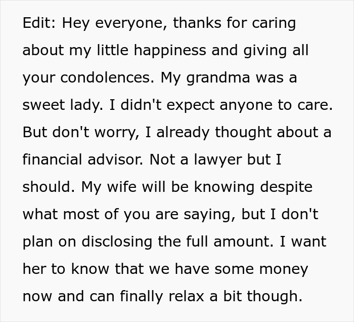 Man Receives Lifechanging Inheritance, Doesn't Want To Tell Wife Full Sum, Sparks Discussion Online Man Receives Lifechanging Inheritance, Doesn't Want To Tell Wife Full Sum, Sparks Discussion Online