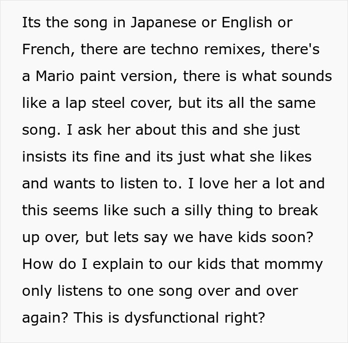 "This Is Dysfunctional, Right?": BF Considers Ending Relationship Over GF's Obsession With One Song