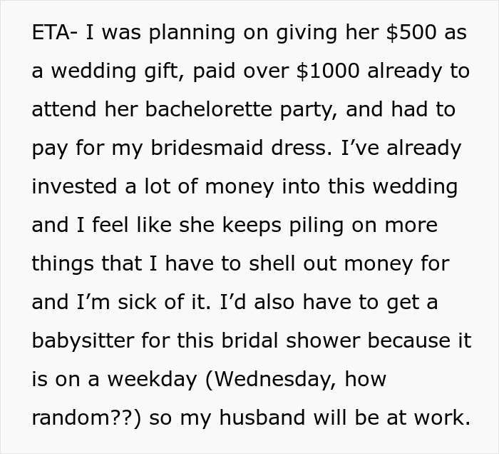 “How Tacky”: Woman Refuses To Attend Cousin’s Bridal Shower After Seeing $300 Entrance Fee “How Tacky”: Woman Refuses To Attend Cousin’s Bridal Shower After Seeing $300 Entrance Fee