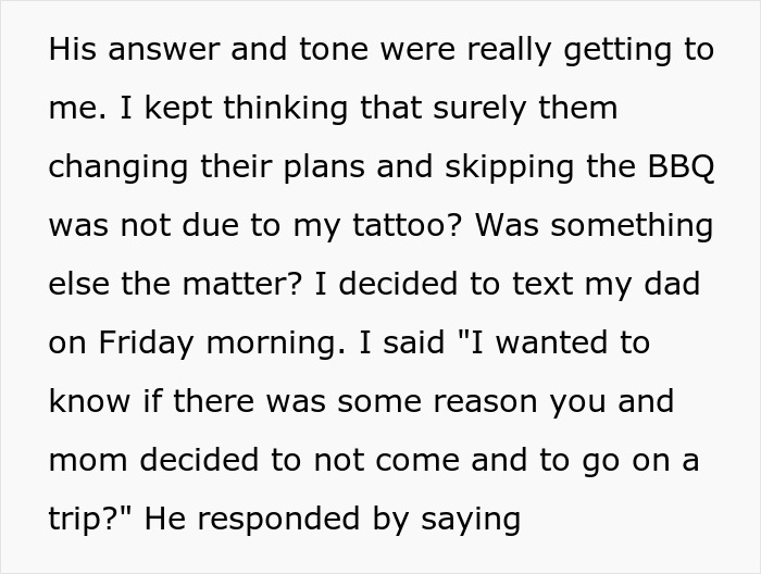 Text message discussing parents' reaction to woman's tattoo and skipped BBQ plans, highlighting need for boundaries. Text message discussing parents' reaction to woman's tattoo and skipped BBQ plans, highlighting need for boundaries.