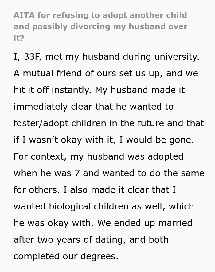 &ldquo;AITA For Refusing To Adopt Another Child And Possibly Divorcing My Husband Over It?&rdquo;