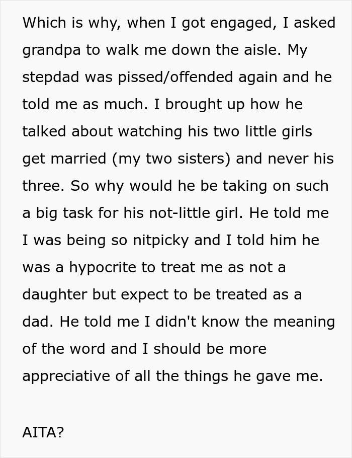 Neglectful Man Enraged That He Can't Walk Stepdaughter Down The Aisle, She Calls Him A Hypocrite