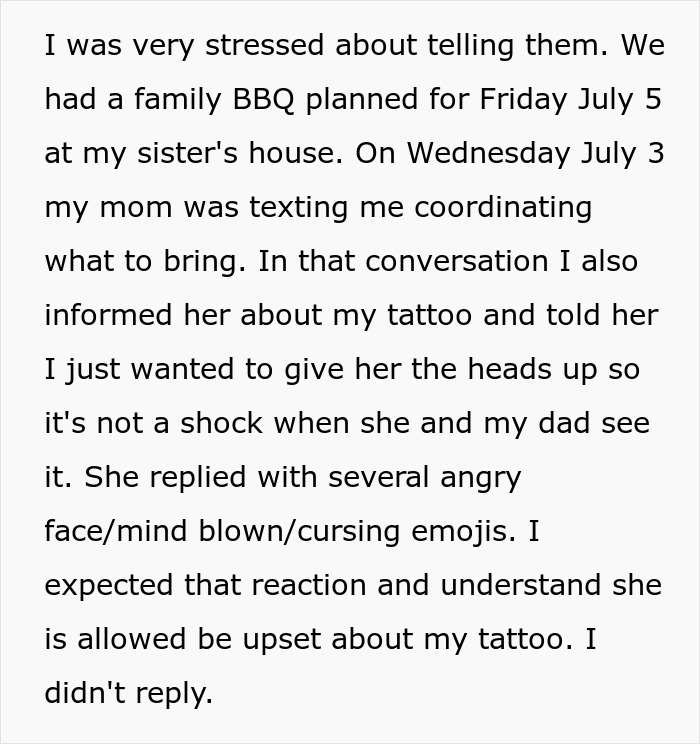 Text message exchange about a woman's tattoo causes tension, highlighting the need for boundaries with parents. Text message exchange about a woman's tattoo causes tension, highlighting the need for boundaries with parents.